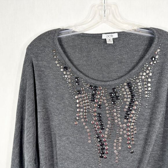 Cache Medium Top Gray Studded Knit Rhinestones Scoop Neck Stretch Women 1338 - Picture 3 of 8